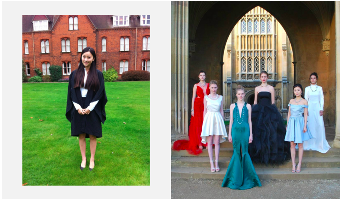 Left: Cambridge matriculation Right: Cambridge Charity Fashion Show (fifth from left)
