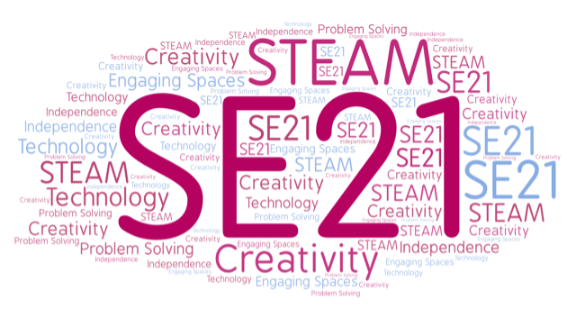 SE21 word cloud with words surrounding it like Creativity, Problem Solving, STEAM, Technology, Indep