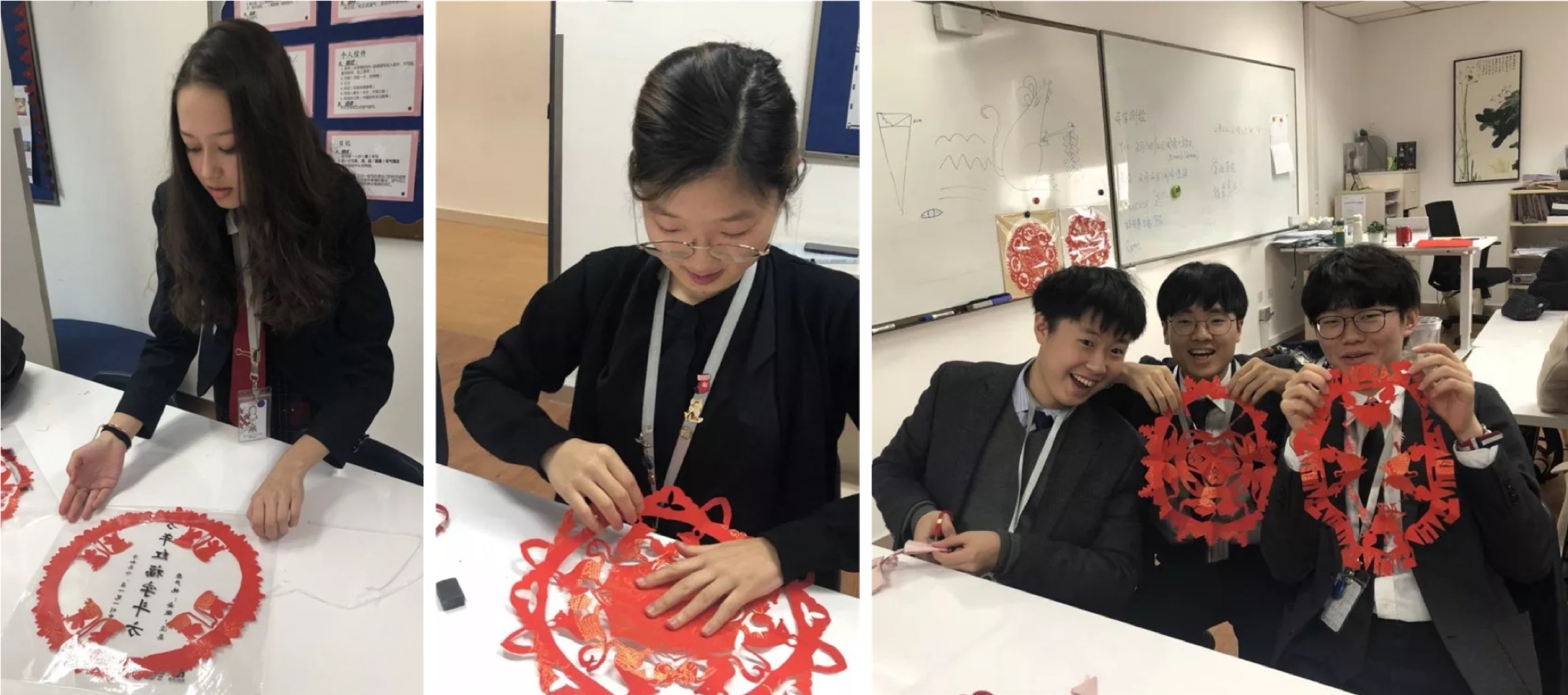 Students learning paper cutting