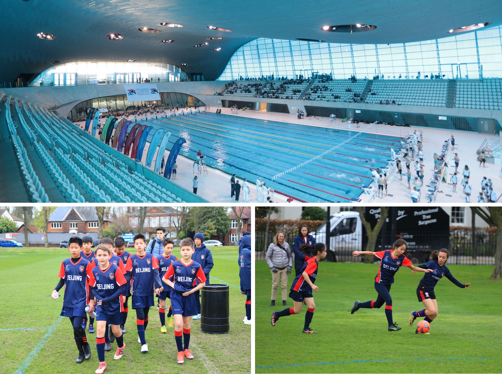 Students at Dulwich Olympiad: Swimming pool from 2019, soccer team in gear, students chasing soccer