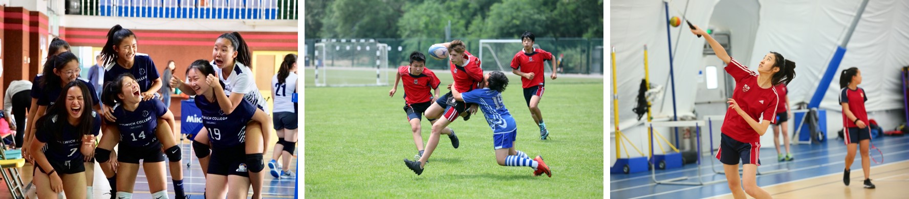 Students cheering in sports team, rugby tackle, badminton play at Dulwich College Beijing.