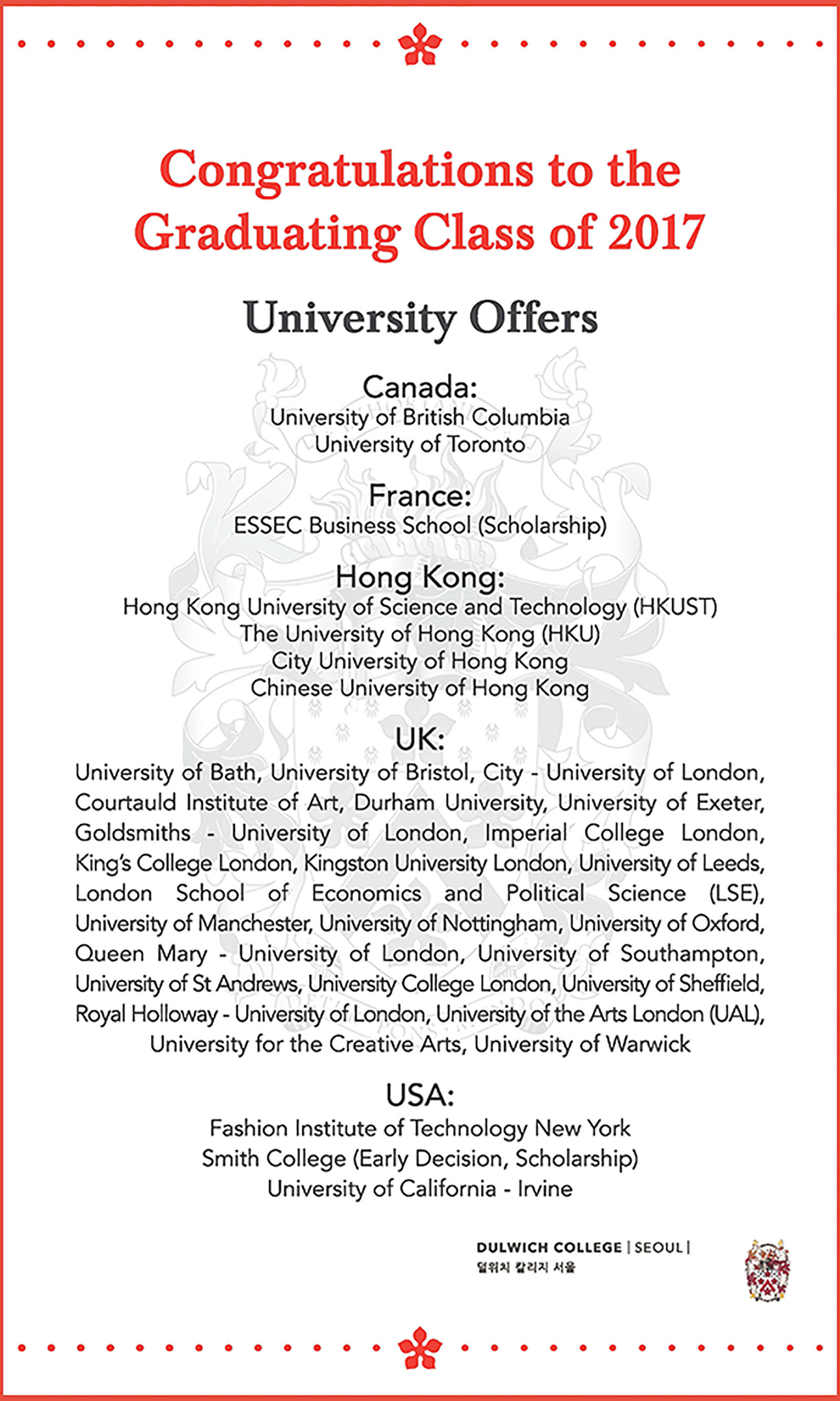 University Offers 2017