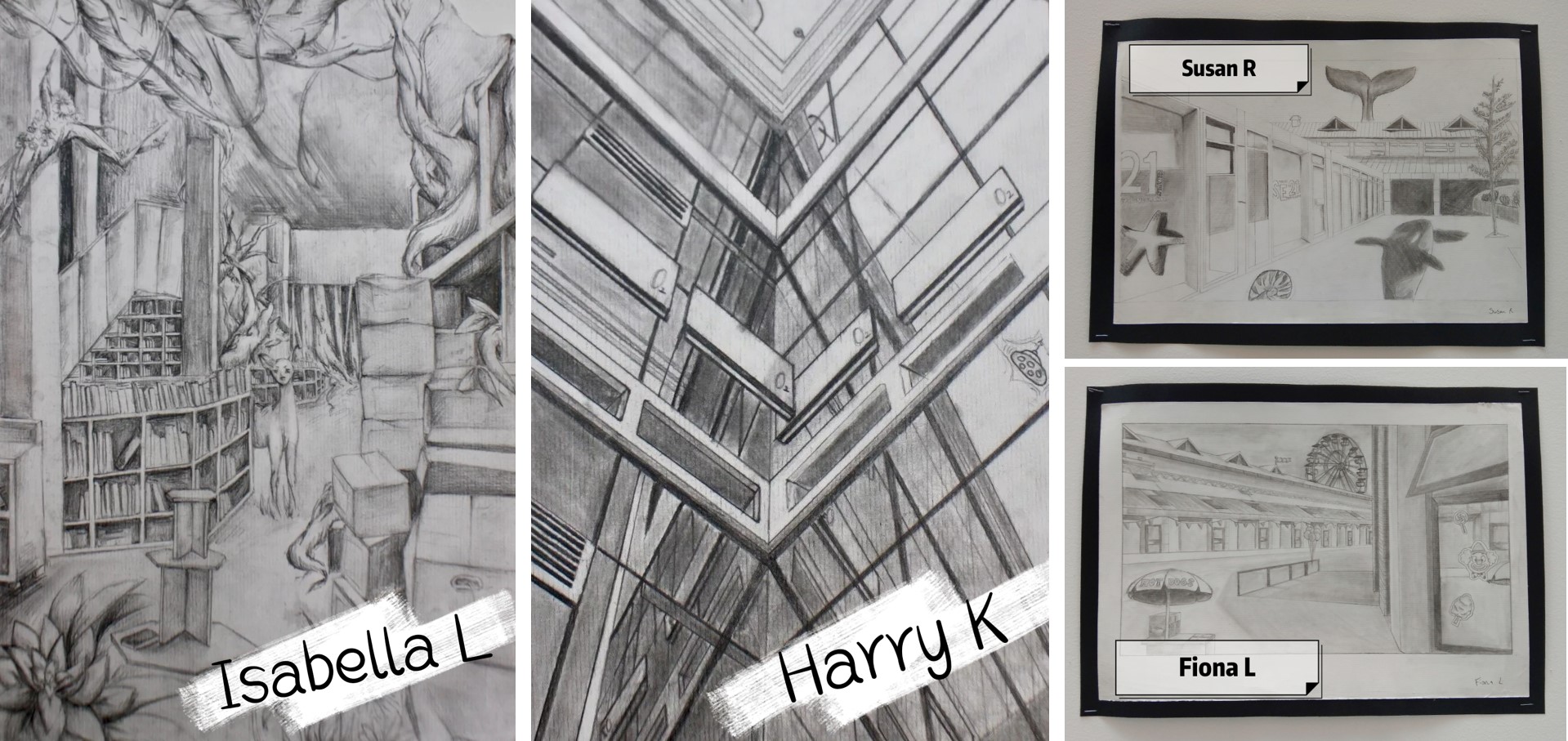 DCB Key Stage 3 exhibition ''Paint Print Draw Sculpt'' - year 9 surrealist spaces artworks